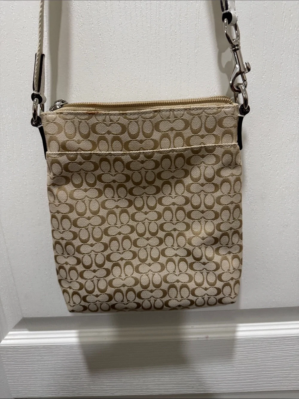 Coach Signature File Crossbody Bag Khaki White Snake Embossed Trim